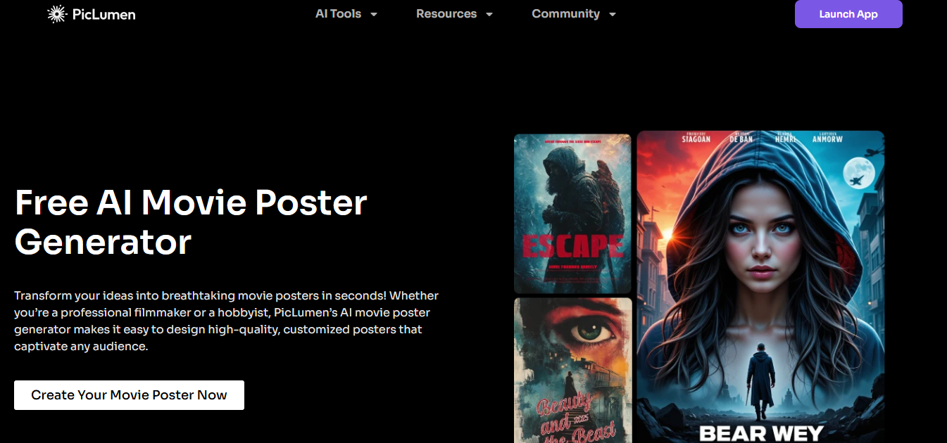 AI movie poster generator webpage featuring vibrant film posters, a call-to-action button, and promotional text.