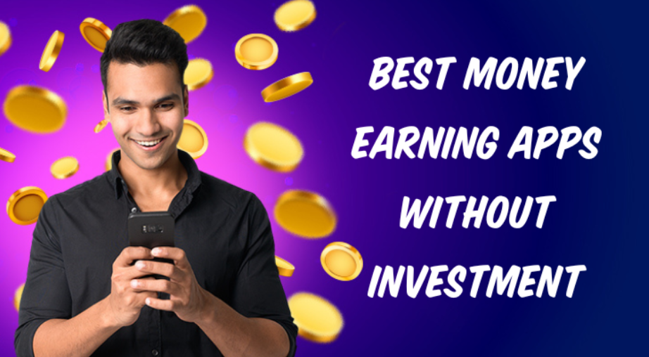 Young man smiling while using a smartphone, surrounded by floating gold coins and text about money-earning apps.